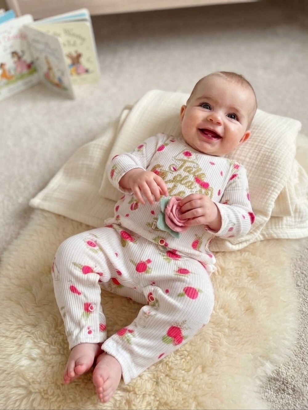 Disney 3-6M Cream One-Piece Footie with Pink Cherry Print